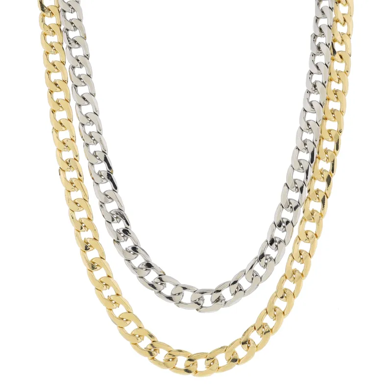 2 Layer Chunky 2-Tone Silver Cuban Curb Chain & Gold Cuban Curb Chain Necklace, .35", .35" Pendant made by Charming Charlie