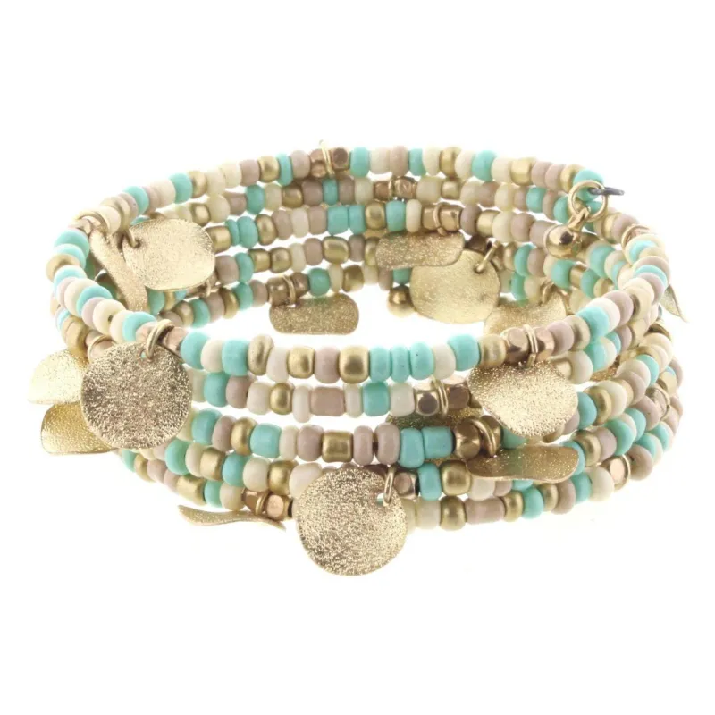 Cream & Mint Beaded Coil Bracelet with Gold Disks made by Charming Charlie