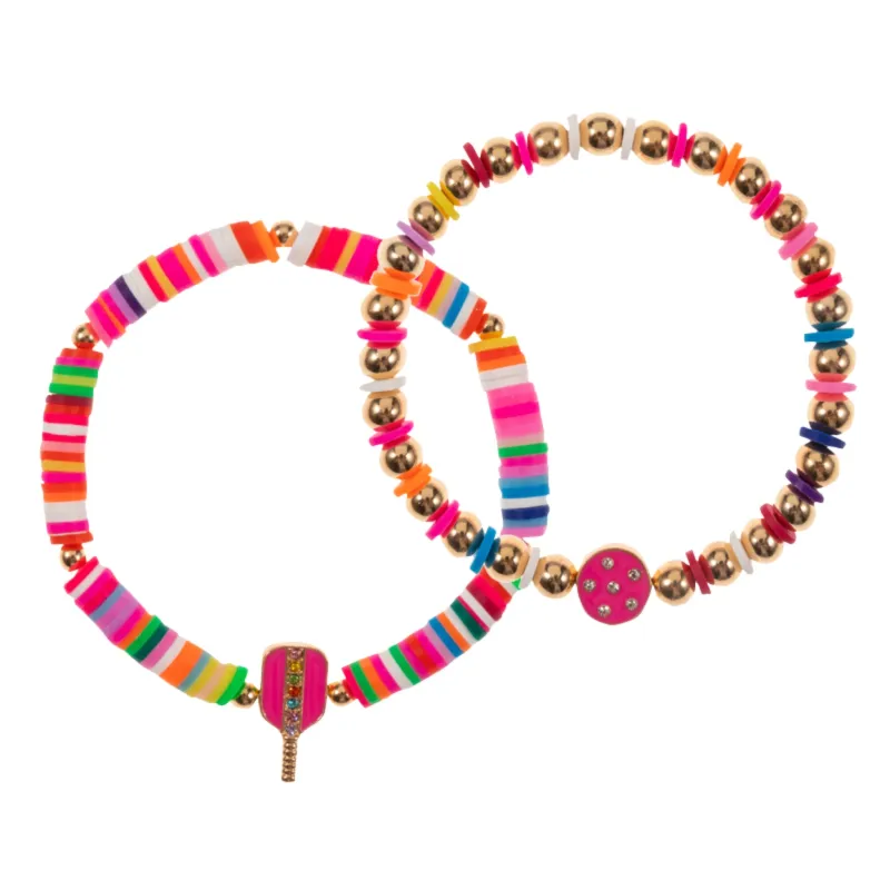 Set of 2 Beaded Stretch Bracelet with Pink Pickleball Paddle & Circle made by Charming Charlie