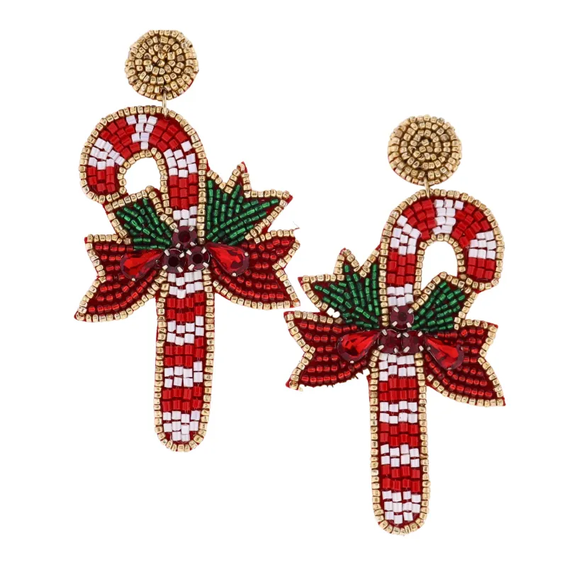Red, White, Green, & Gold Beaded Candy Cane Earring made by Charming Charlie
