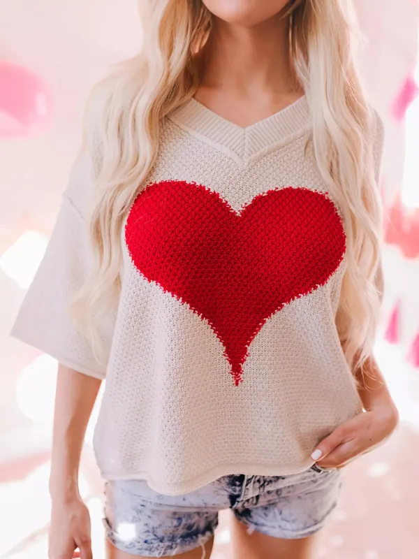 V-Neck Dropped Sleeve Heart Print Valentines Sweater made by Trendsi