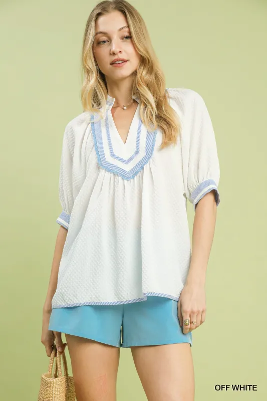 Umgee Textured Jacquard Contrast Trim Top made by Trendsi