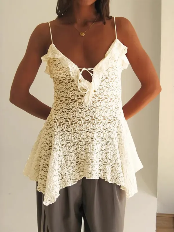 Lace Ruffle Trim Tie-Front Cami made by Trendsi