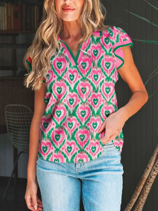 Abstract Heart In Heart Print Striped Trim Polo Collar Short Sleeve Blouse made by Trendsi