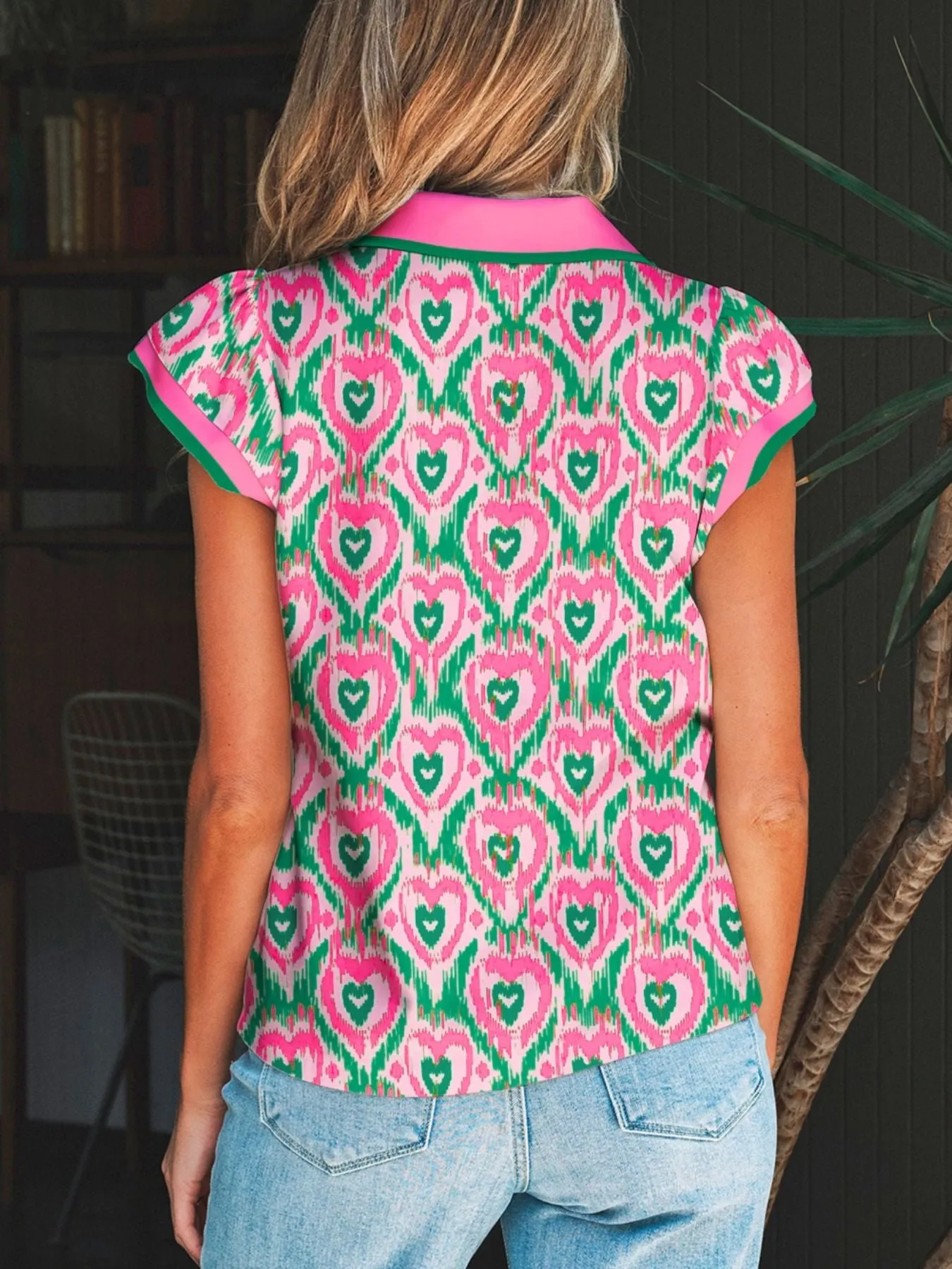 Abstract Heart In Heart Print Striped Trim Polo Collar Short Sleeve Blouse sold by Charming Charlie product image thumbnail 2