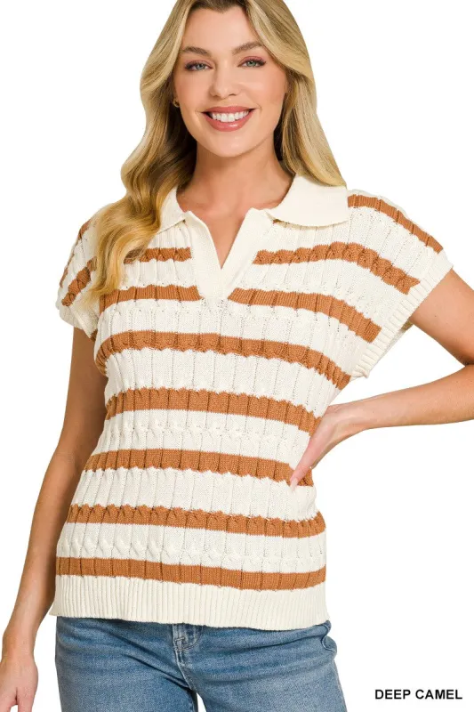 Zenana Textured Stripe Collared Sweater Vest made by Trendsi