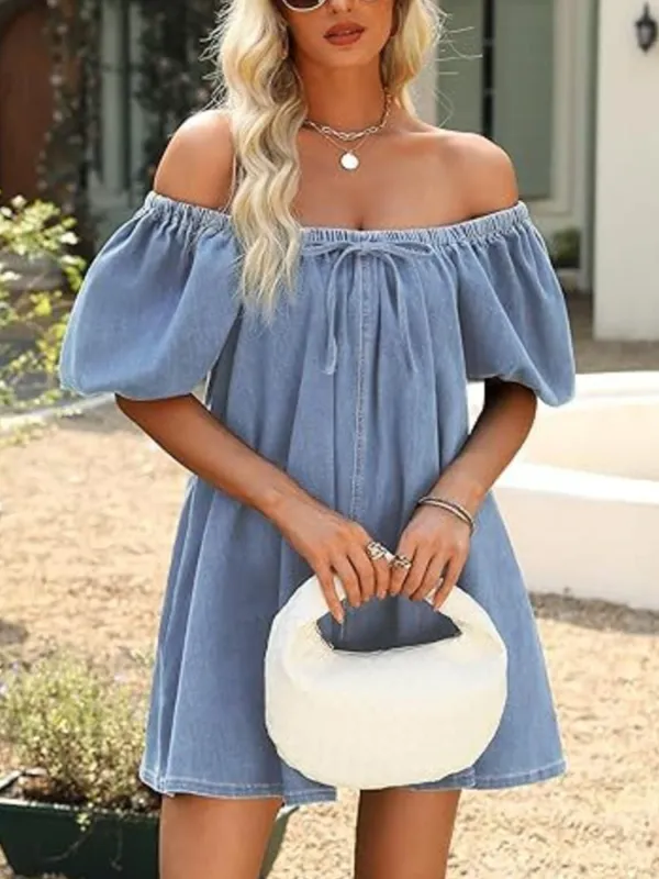 Off-Shoulder Tie-Front Denim Dress made by Trendsi