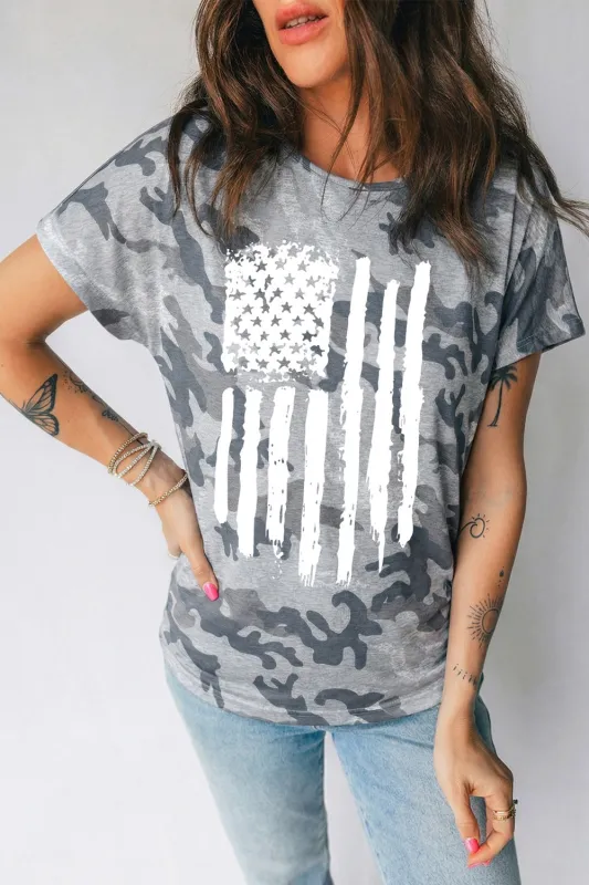 Camouflage Retro American Flag Printed Tee made by Trendsi