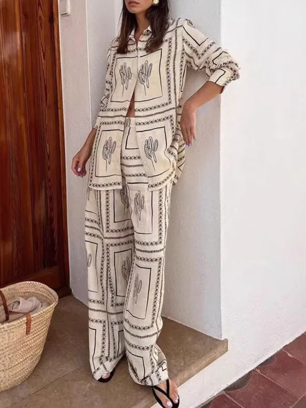 Cactus Print Button Up Shirt and Pants Set made by Trendsi