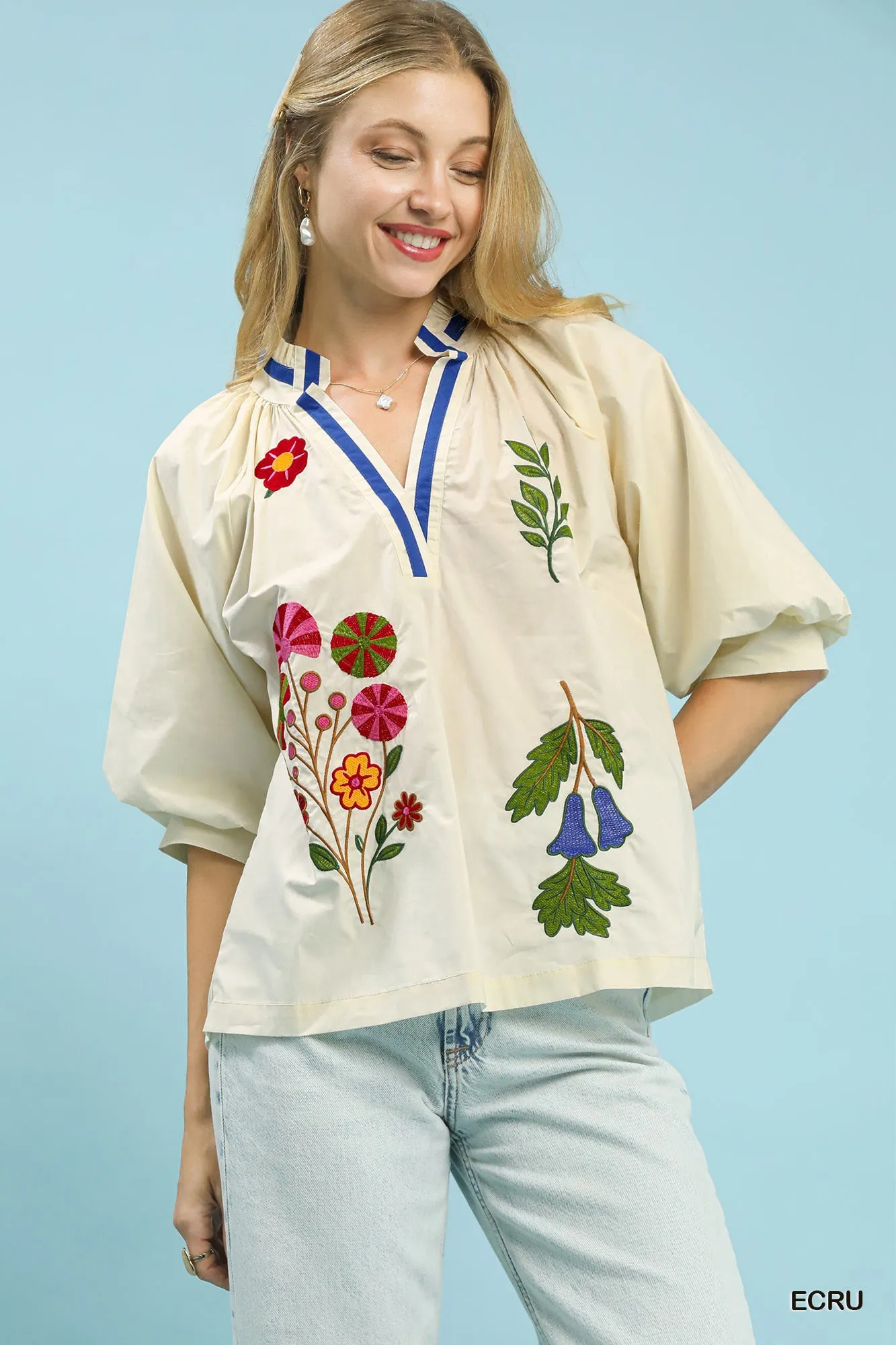 Umgee Embroidered Floral V-Neck Blouse sold by Charming Charlie