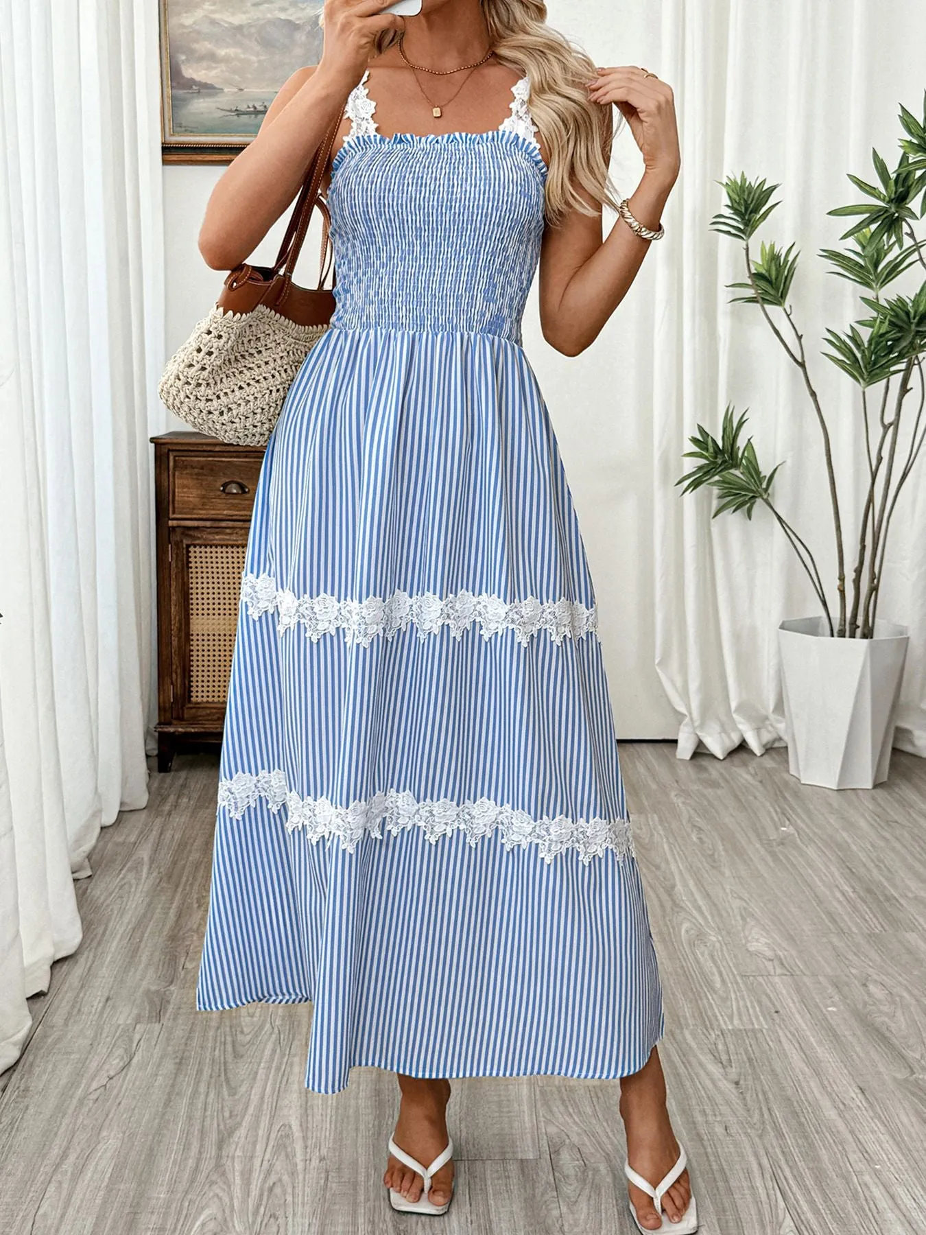 Striped Smocked Lace Trim Midi Dress sold by Charming Charlie