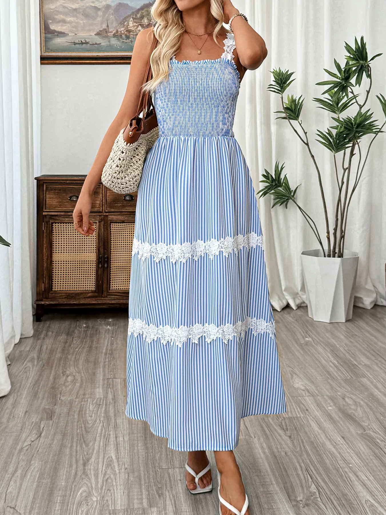 Striped Smocked Lace Trim Midi Dress sold by Charming Charlie product image thumbnail 2