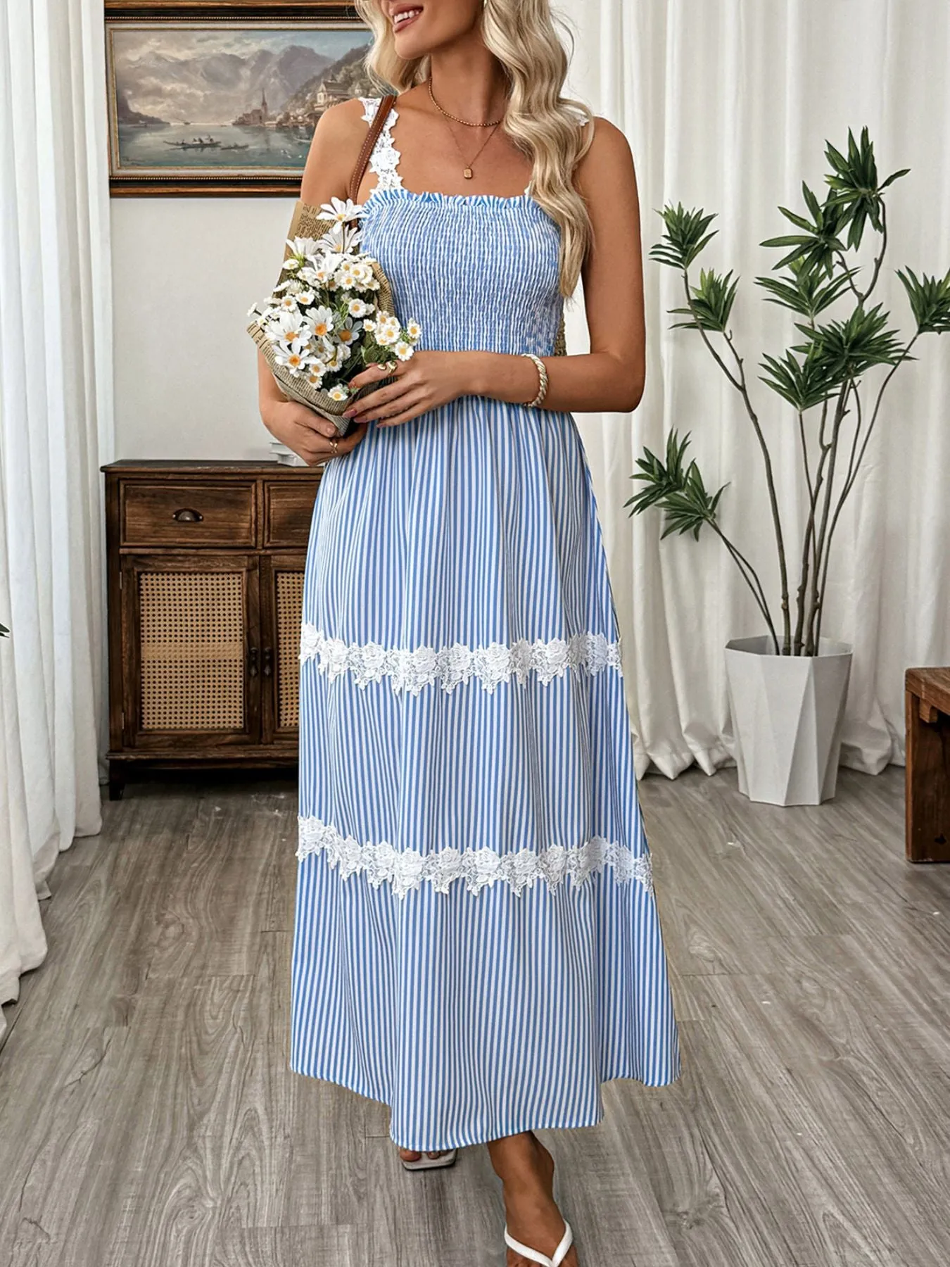 Striped Smocked Lace Trim Midi Dress sold by Charming Charlie product image thumbnail 3