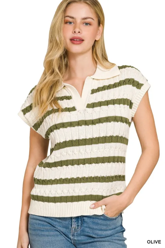 Zenana Textured Stripe Collared Sweater Vest made by Trendsi