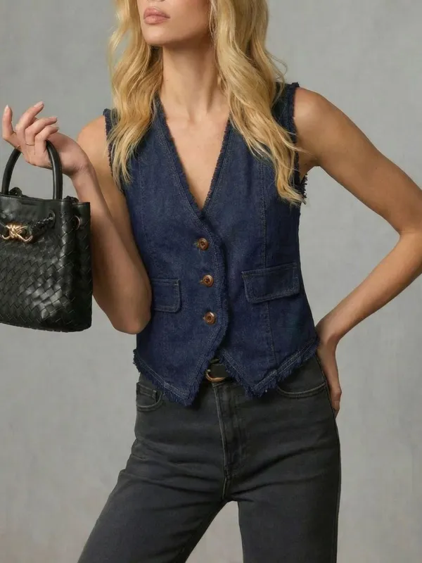 Frayed Hem Denim Vest made by Trendsi