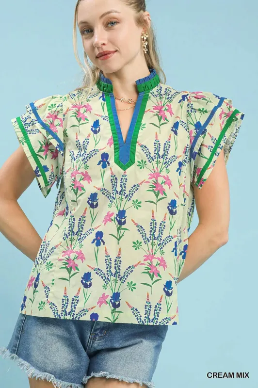 Umgee Mix Floral Print Blouse with Contrast Trim made by Trendsi