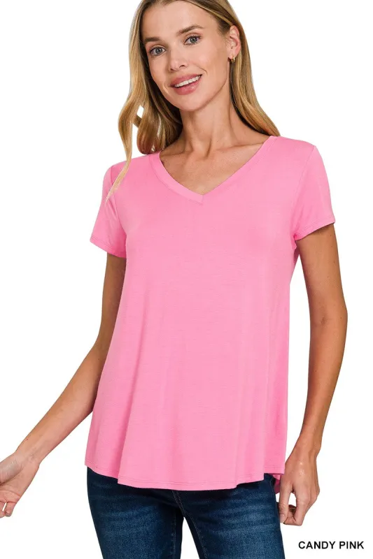 Zenana Rayon Short Sleeve V-neck Round Hem Top made by Trendsi