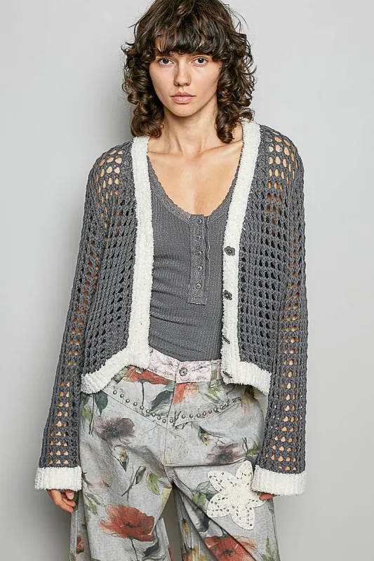POL Openwork Contrast Cardigan with Floral Metal Button made by Trendsi