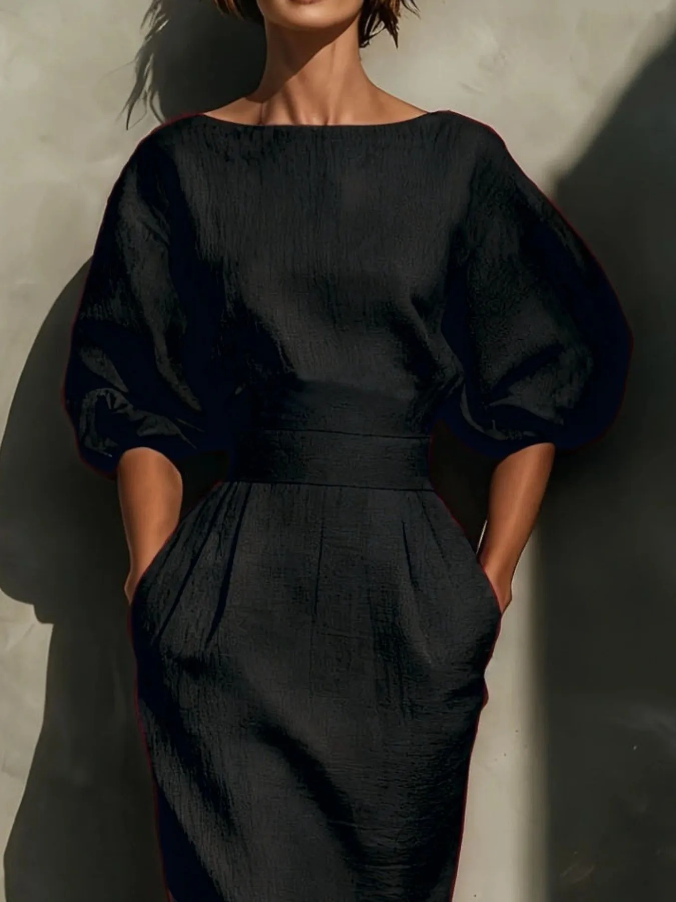 Round Neck Puff Sleeves Midi Dress sold by Charming Charlie product image thumbnail 4