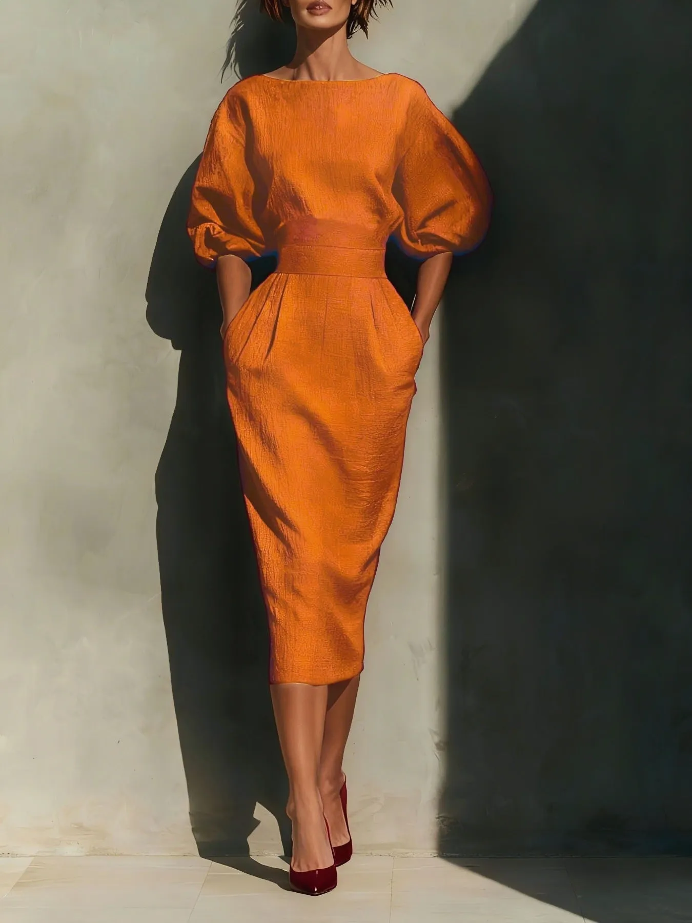 Round Neck Puff Sleeves Midi Dress sold by Charming Charlie