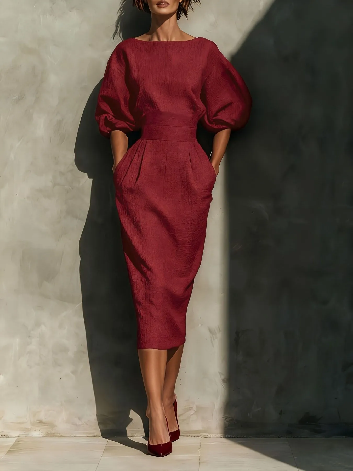 Round Neck Puff Sleeves Midi Dress sold by Charming Charlie product image thumbnail 5