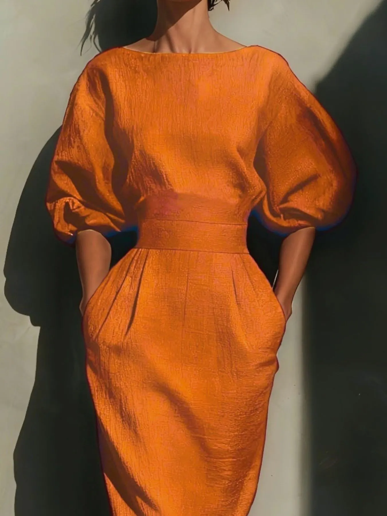 Round Neck Puff Sleeves Midi Dress sold by Charming Charlie product image thumbnail 2