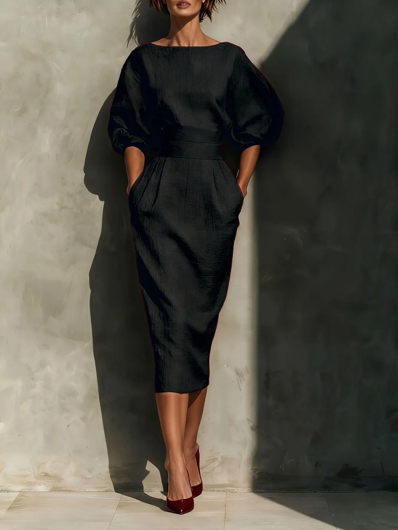 Round Neck Puff Sleeves Midi Dress sold by Charming Charlie product image thumbnail 3