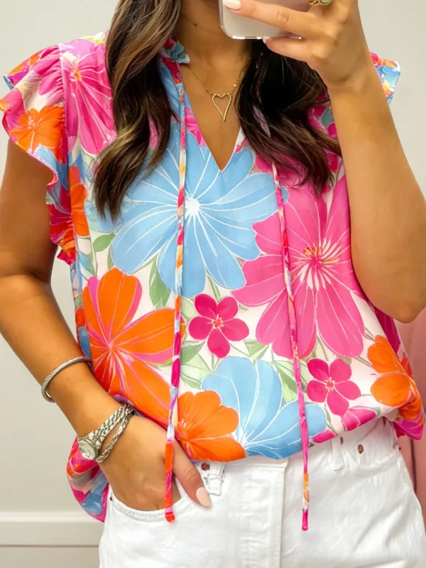 Flower Printed Tie V Neck Ruffle Trim Sleeveless Blouse made by Trendsi