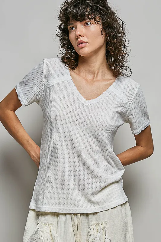 POL Lace Detail V-Neck Short Sleeve Textured T-Shirt made by Trendsi