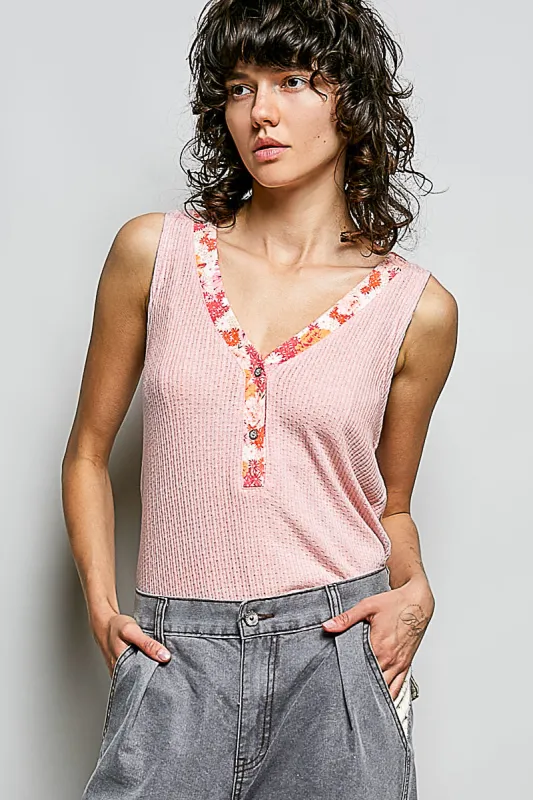 POL Ribbed V-Neck Tank with Contrast Floral Neckband made by Trendsi