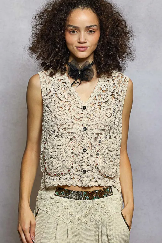 POL Button Down Cropped Crochet Vest with Scalloped Edge made by Trendsi