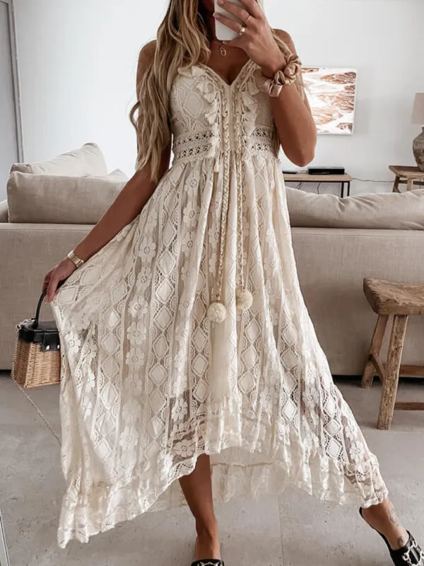 Full Size Ruffled Lace V-Neck Maxi Dress Plus Size made by Trendsi