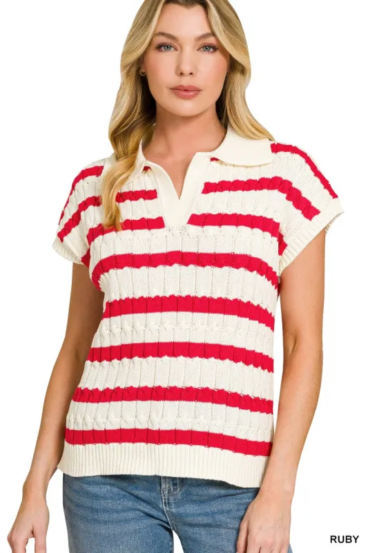 Zenana Textured Stripe Collared Sweater Vest made by Trendsi