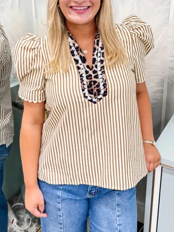 Stripe Ricrac Trim Short Puff Sleeve Leopard Patchwork Collar V Neck Blouse made by Trendsi