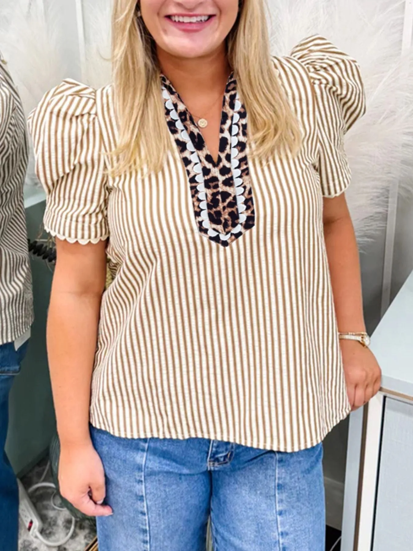 Stripe Ricrac Trim Short Puff Sleeve Leopard Patchwork Collar V Neck Blouse sold by Charming Charlie