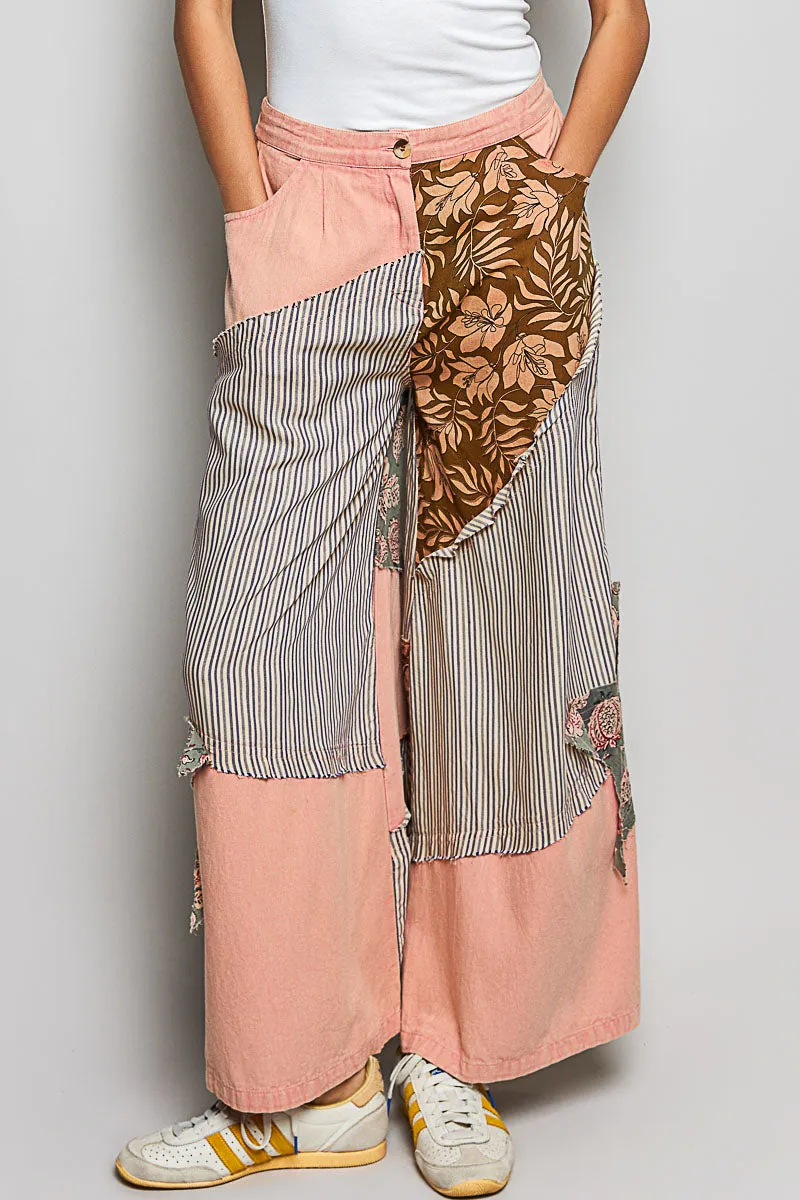 POL Striped Floral Patchwork Wide leg Pants with Side Big Star Patch sold by Charming Charlie