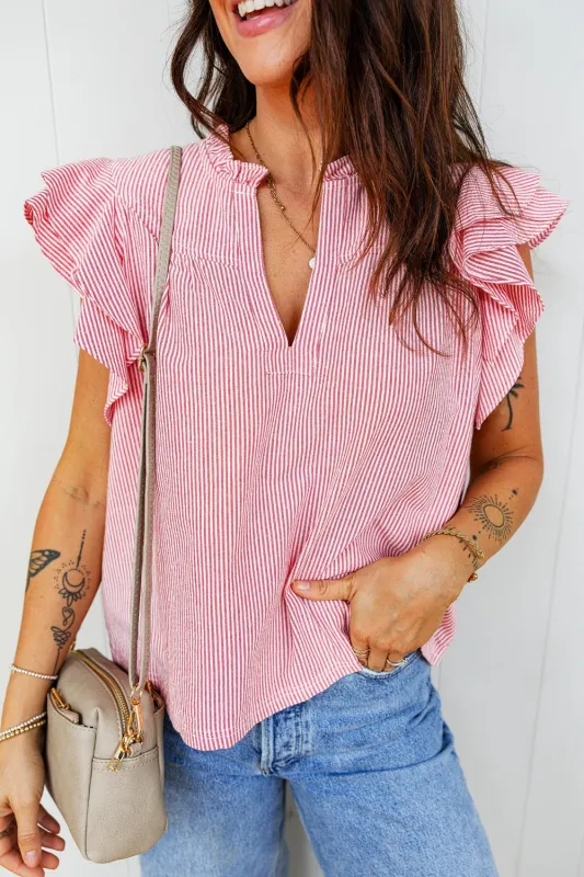 Stripe Frilly Split Neck Double Ruffled Short Sleeve Blouse made by Trendsi