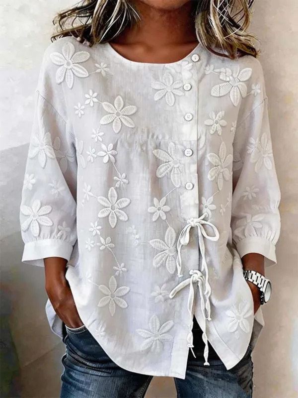 Full Size Floral Embroidered Button-Down Shirt Plus Size made by Trendsi