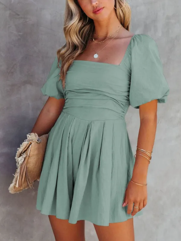 Square Neck Ruched Puff Sleeve Romper made by Trendsi