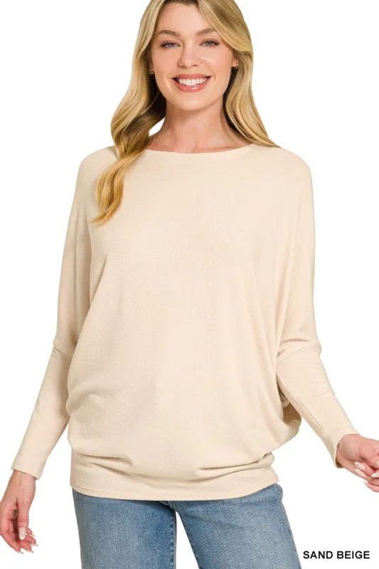 Zenana Hacci Dolman Sleeve Boat Neck Top made by Trendsi