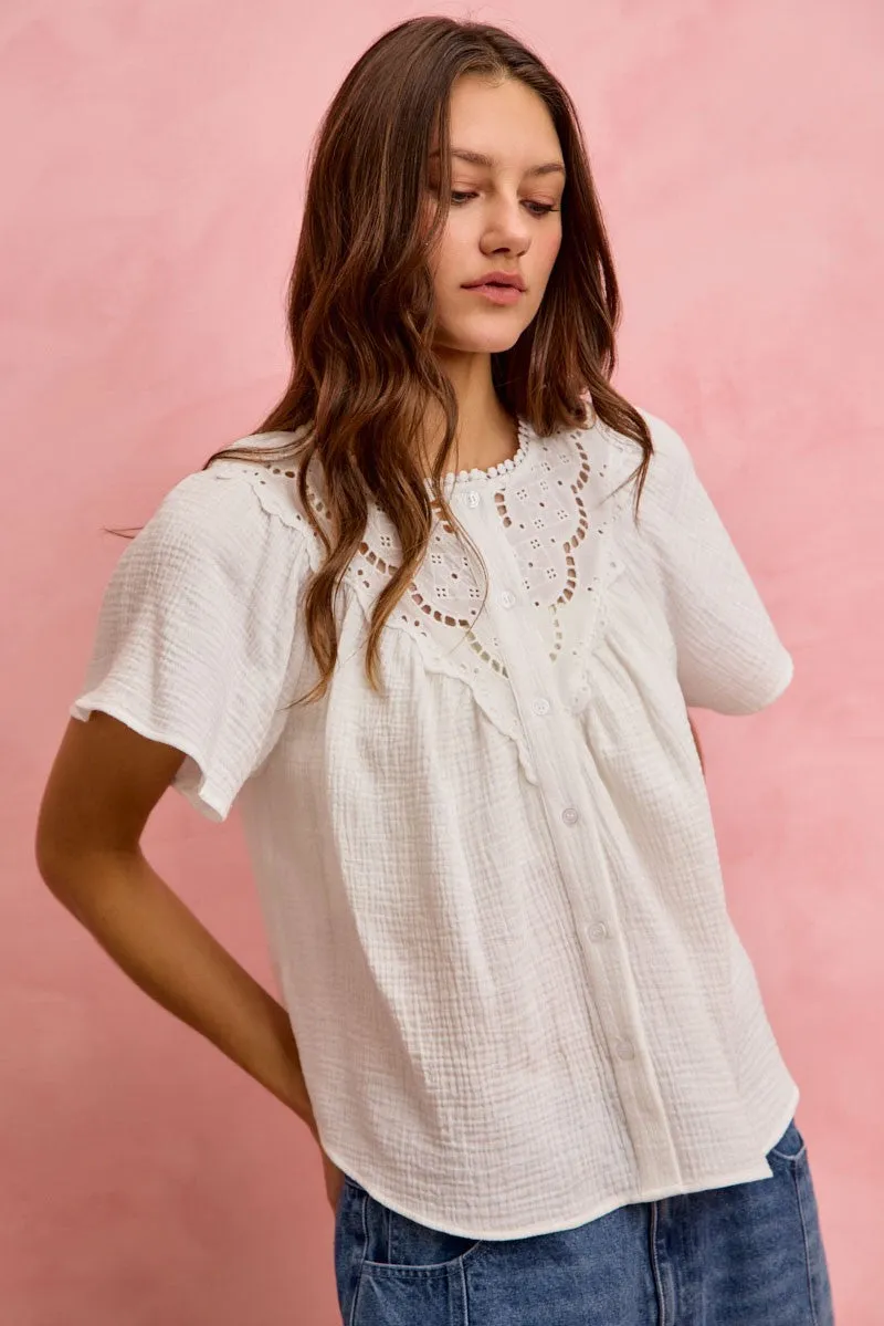 SO ME Cotton Gauze Lace Trim Flutter Sleeves Blouse Top sold by Charming Charlie product image thumbnail 5