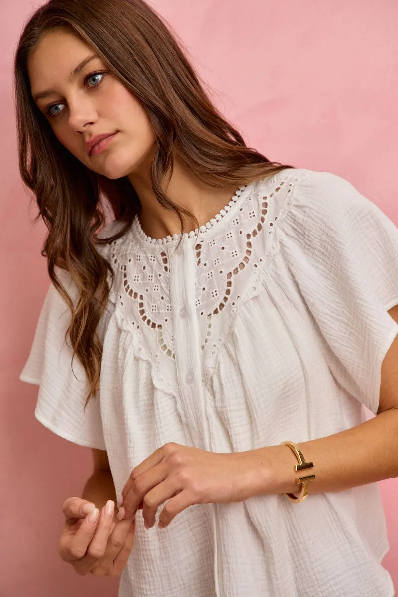SO ME Cotton Gauze Lace Trim Flutter Sleeves Blouse Top sold by Charming Charlie product image thumbnail 2