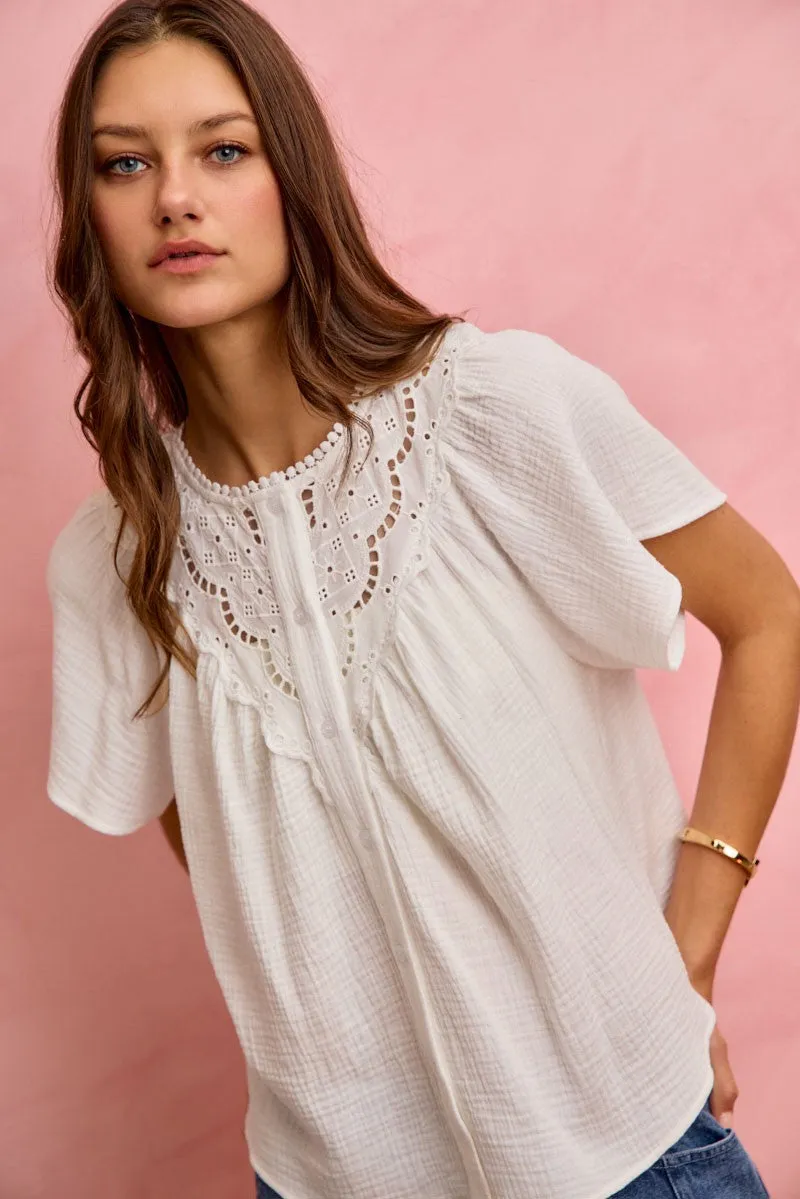 SO ME Cotton Gauze Lace Trim Flutter Sleeves Blouse Top sold by Charming Charlie product image thumbnail 3