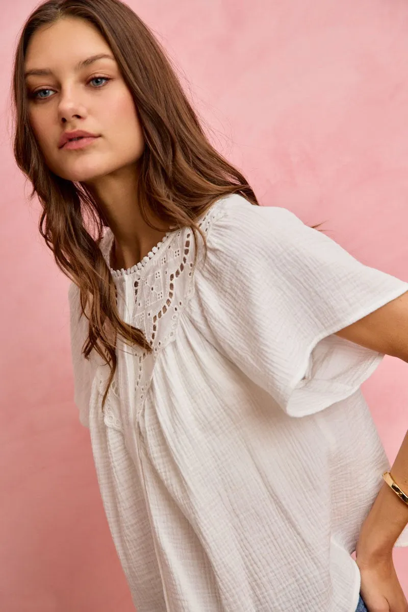 SO ME Cotton Gauze Lace Trim Flutter Sleeves Blouse Top sold by Charming Charlie product image thumbnail 4