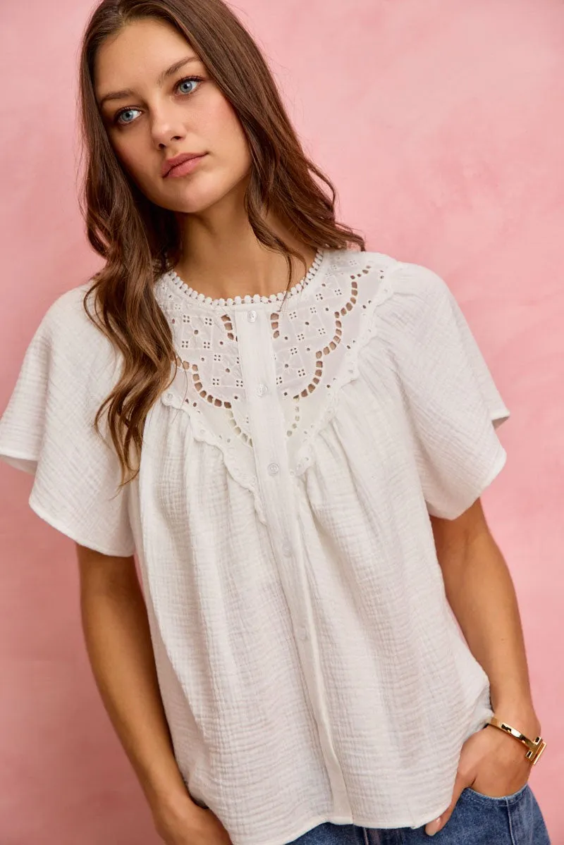 SO ME Cotton Gauze Lace Trim Flutter Sleeves Blouse Top sold by Charming Charlie