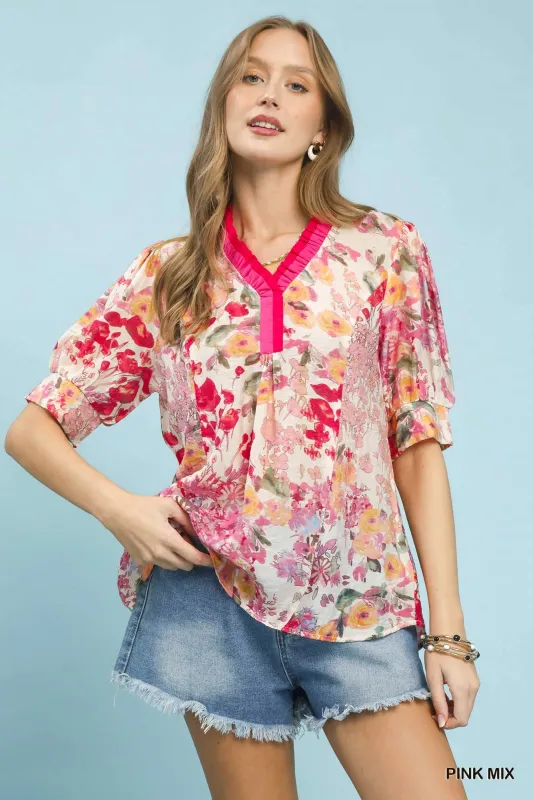 Umgee Floral Contrast Pleat Neck Top made by Trendsi