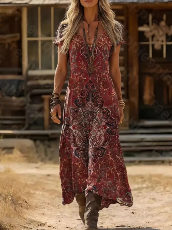 Printed V-Neck Short Sleeve Midi Dress made by Trendsi