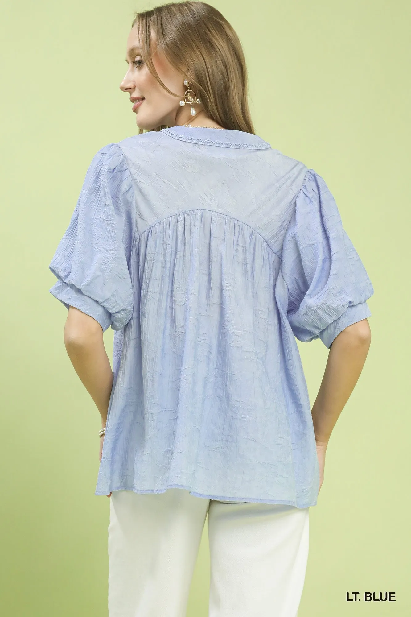 Umgee Textured Lace Trim V-Neck Boho Blouse sold by Charming Charlie product image thumbnail 3