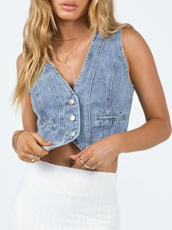V-Neck Button Up Denim Vest made by Trendsi