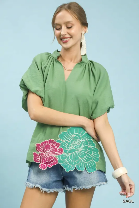 Umgee Floral Embroidered Hem Blouse made by Trendsi